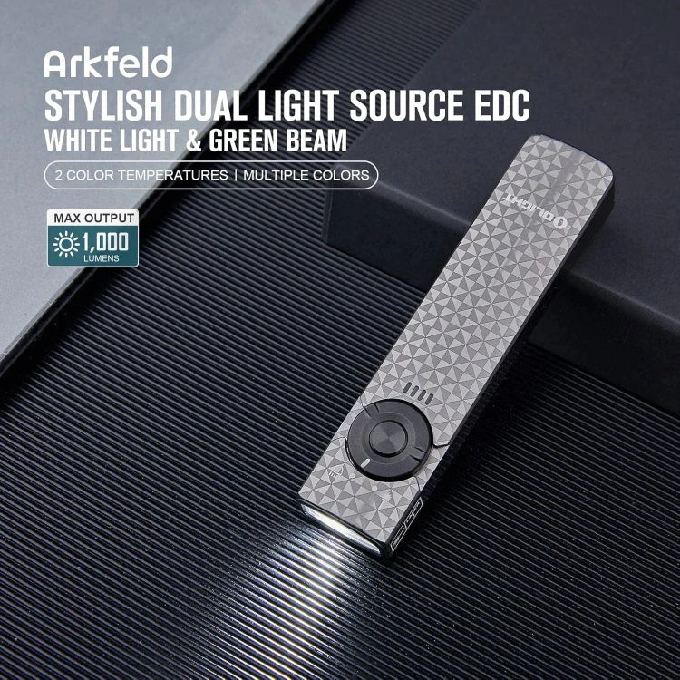 OLIGHT ARKFELDPWGMGCW Arkfeld Flat Flashlight with Green Laser & White Light - Pinwheel Gunmetal Grey VM Hardware