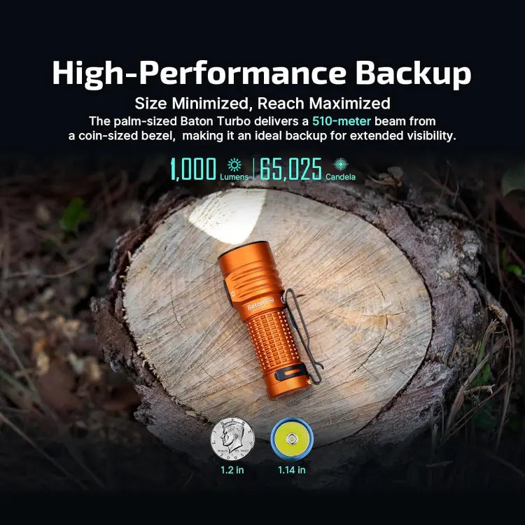 OLIGHT BATONTURBOOGCW Baton Turbo Compact EDC Flashlight with 510m Long-Range Beam - Orange VM Hardware
