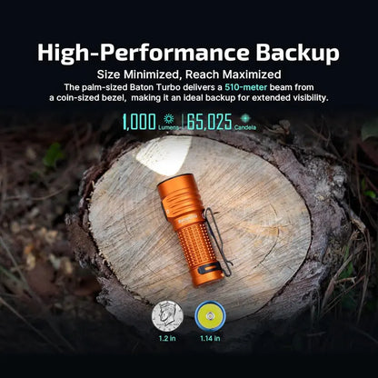 OLIGHT BATONTURBOOGCW Baton Turbo Compact EDC Flashlight with 510m Long-Range Beam - Orange VM Hardware