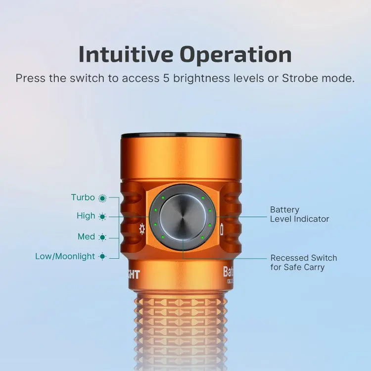 OLIGHT BATONTURBOOGCW Baton Turbo Compact EDC Flashlight with 510m Long-Range Beam - Orange VM Hardware