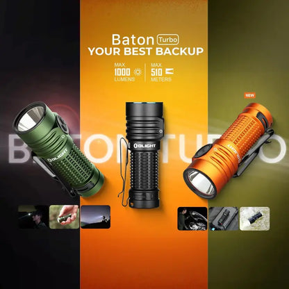 OLIGHT BATONTURBOOGCW Baton Turbo Compact EDC Flashlight with 510m Long-Range Beam - Orange VM Hardware