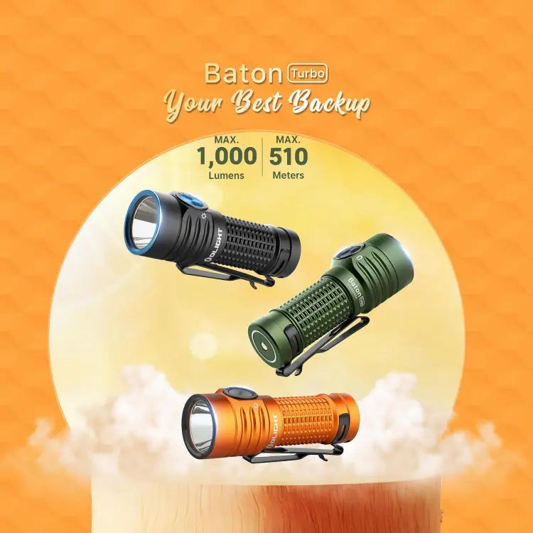 OLIGHT BATONTURBOOGCW Baton Turbo Compact EDC Flashlight with 510m Long-Range Beam - Orange VM Hardware