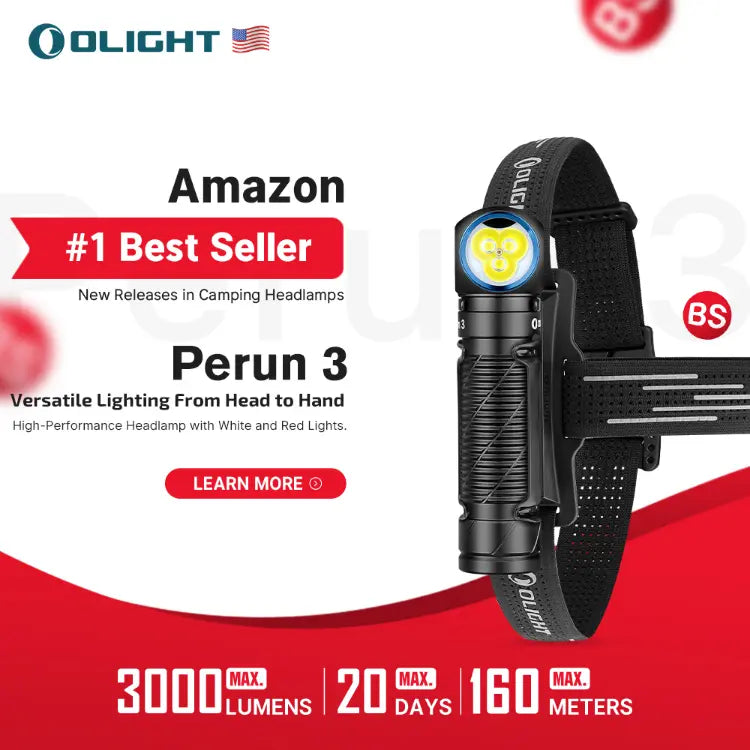 OLIGHT PERUN3BK Perun 3 Headlamp 3000 Lumens White Light and Red Light - Black VM Hardware