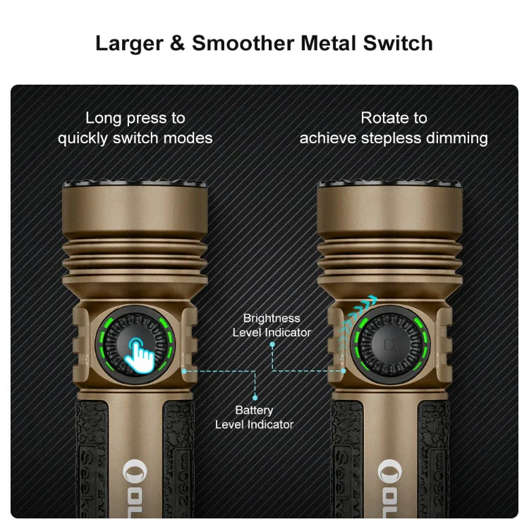 OLIGHT SEEKER4PRODTREGULAR Seeker 4 Pro High Power Flashlight - Desert Tan CW(5700~7000K) VM Hardware