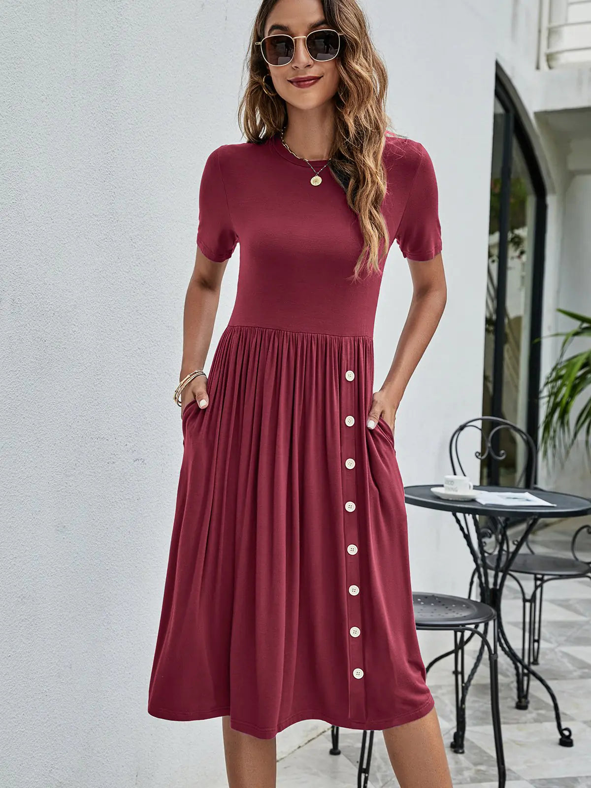 Solid Color Button Pocket Casual Women's Dress