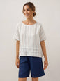 100% Linen Pleated Striped Pullover Top VIA