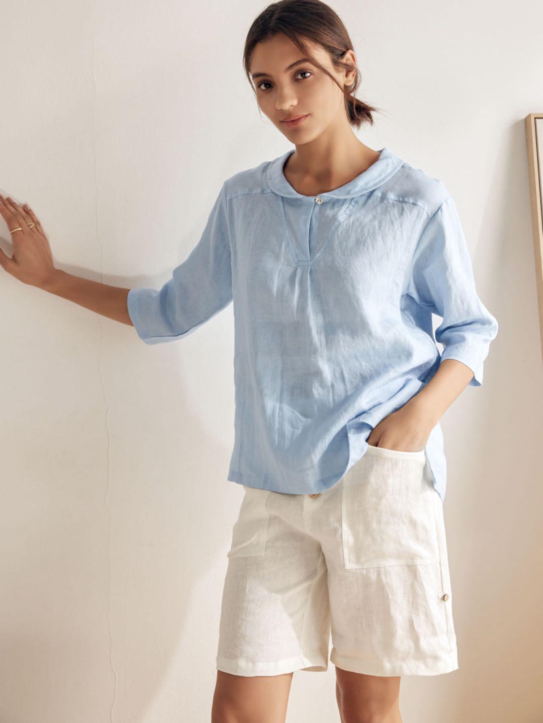100% Linen Shawl V-Neck Half Sleeve Top JADE LINTICO
