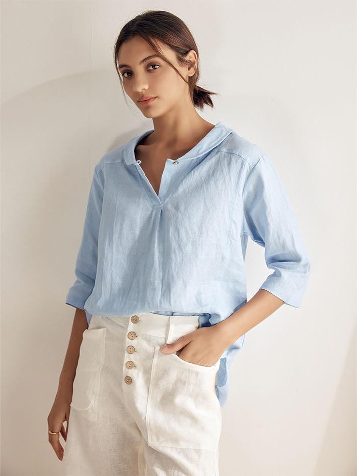 100% Linen Shawl V-Neck Half Sleeve Top JADE LINTICO
