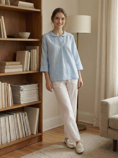 100% Linen Shawl V-Neck Half Sleeve Top JADE LINTICO