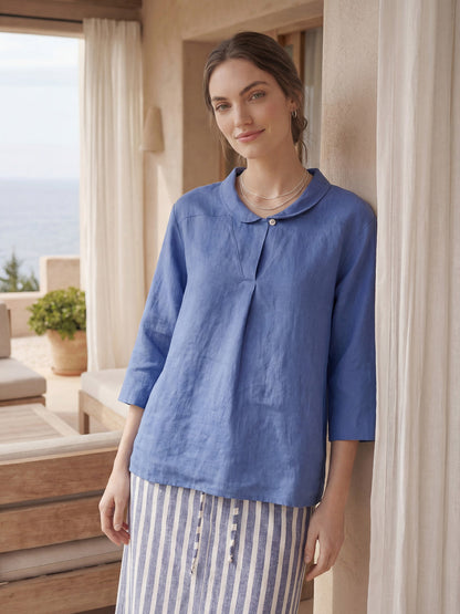 100% Linen Shawl V-Neck Half Sleeve Top JADE LINTICO