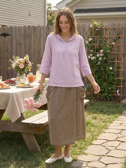 100% Linen Shawl V-Neck Half Sleeve Top JADE LINTICO