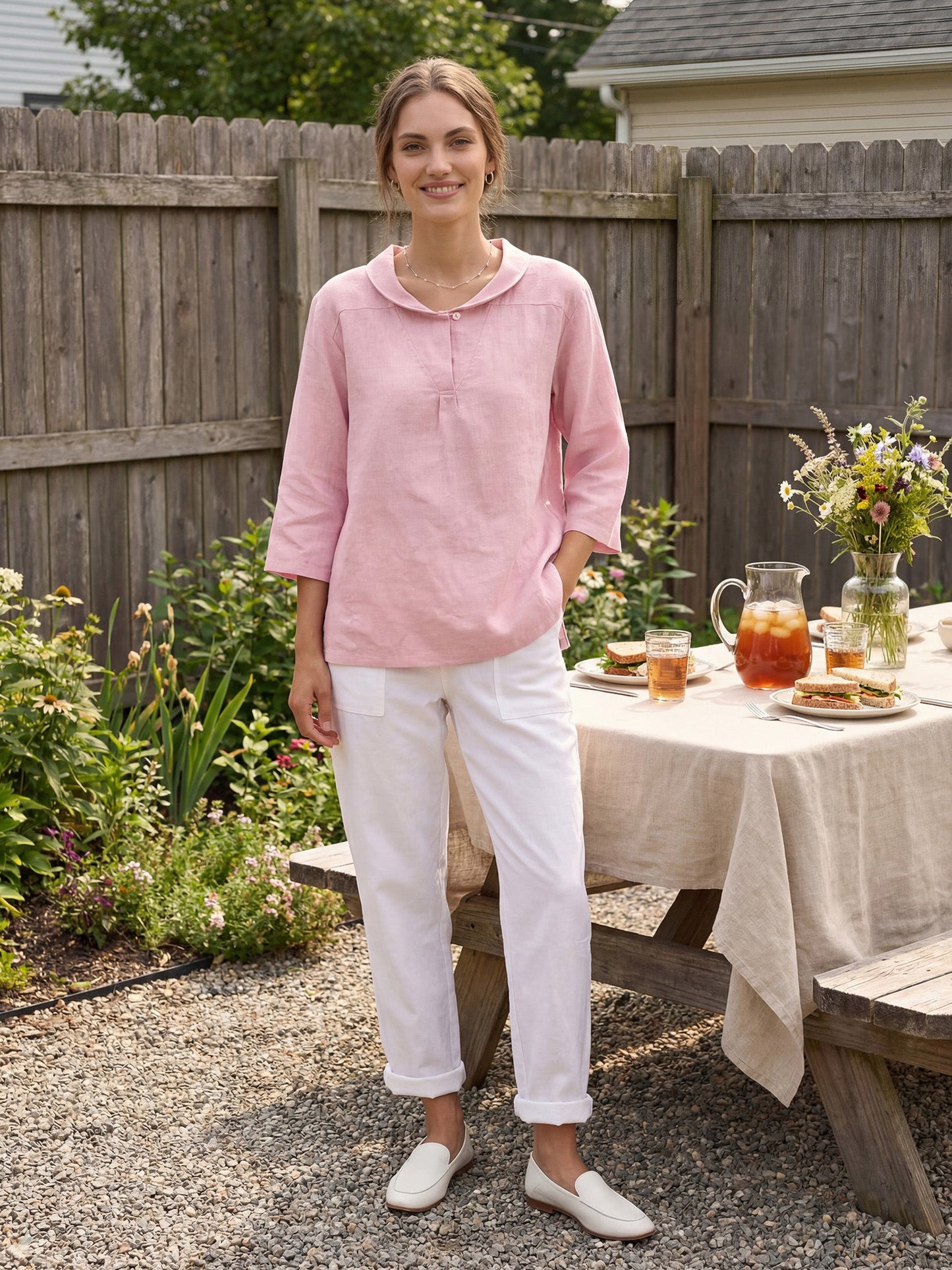 100% Linen Shawl V-Neck Half Sleeve Top JADE LINTICO