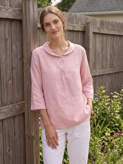 100% Linen Shawl V-Neck Half Sleeve Top JADE LINTICO