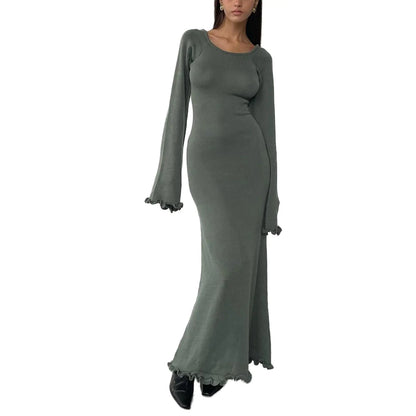 Solid Color Backless Knitted Long Dress for Women