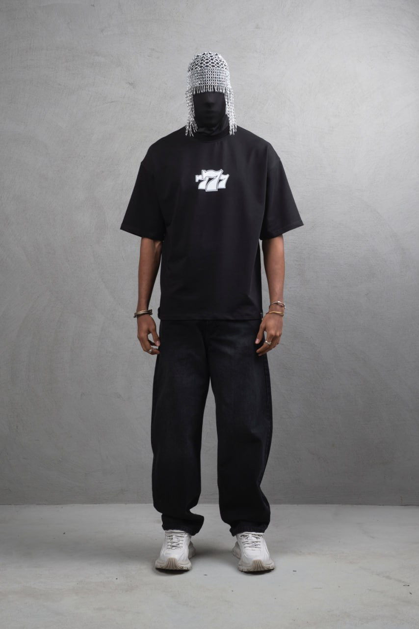 Oversize Cotton Tee - "777" Graphic Print Shirt Withinblack