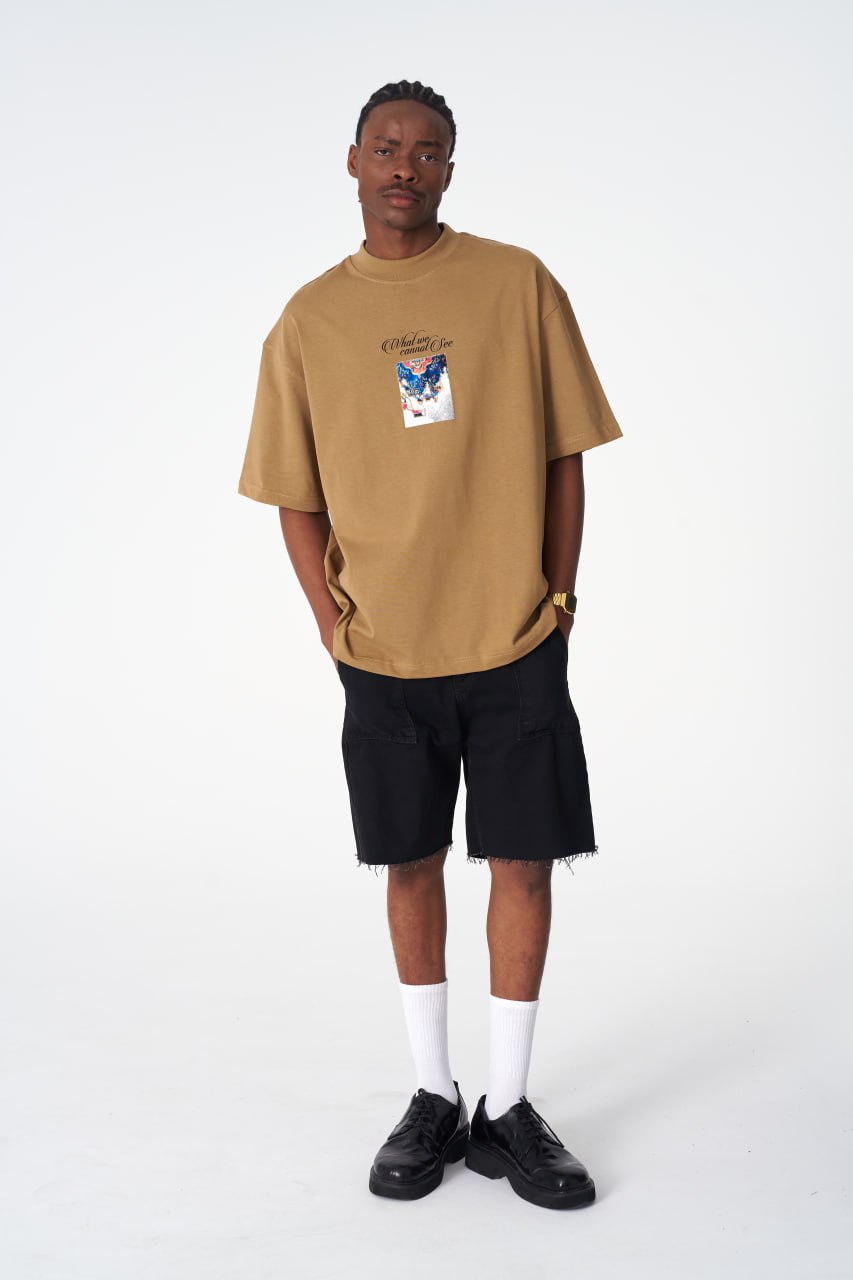 Oversize Cotton Tee / "AWARE" Dove Hands Symbolic Graphic Print Withinblack