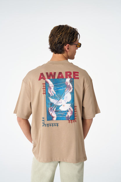 Oversize Cotton Tee / "AWARE" Dove Hands Symbolic Graphic Print Withinblack