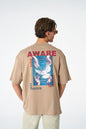 Oversize Cotton Tee / "AWARE" Dove Hands Symbolic Graphic Print Withinblack