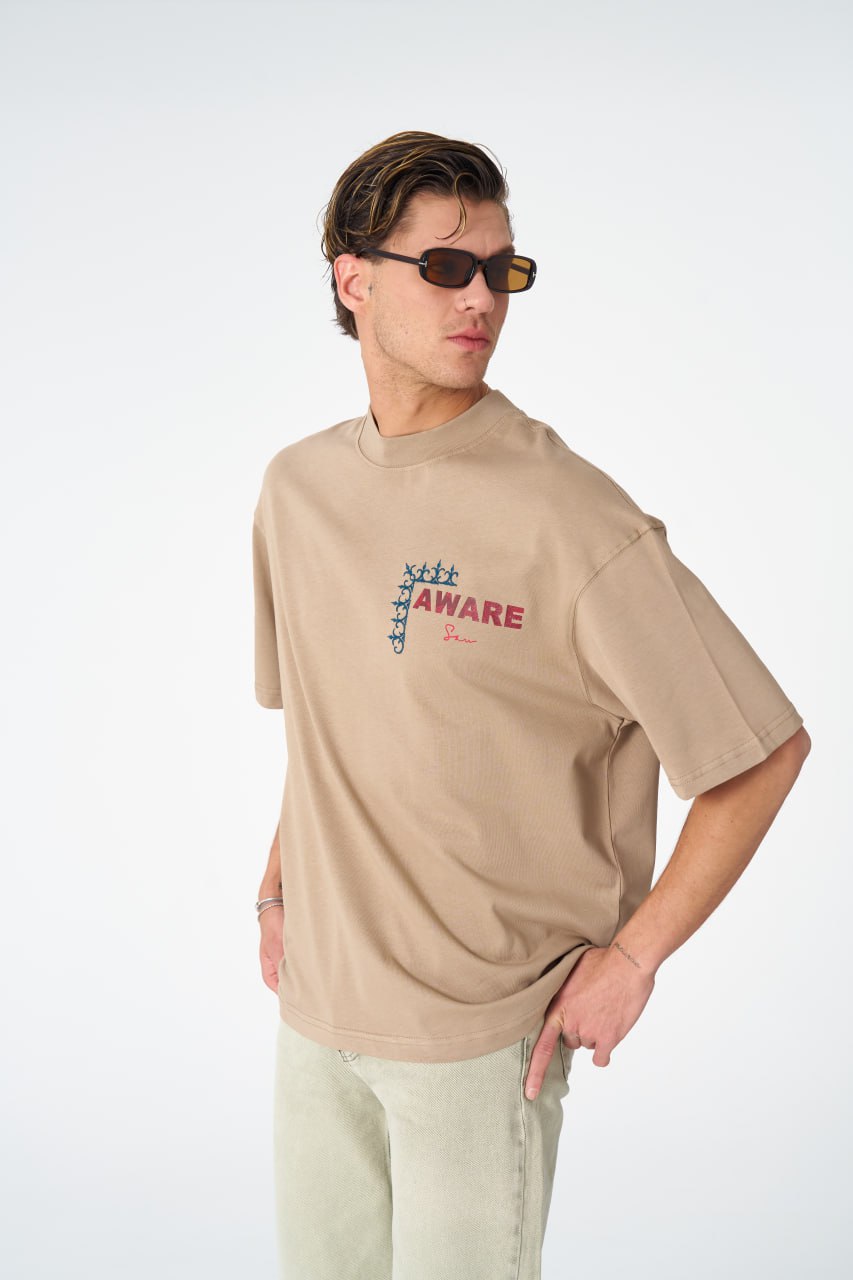 Oversize Cotton Tee / "AWARE" Dove Hands Symbolic Graphic Print Withinblack