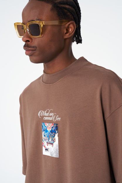 Oversize Cotton Tee / "AWARE" Dove Hands Symbolic Graphic Print Withinblack