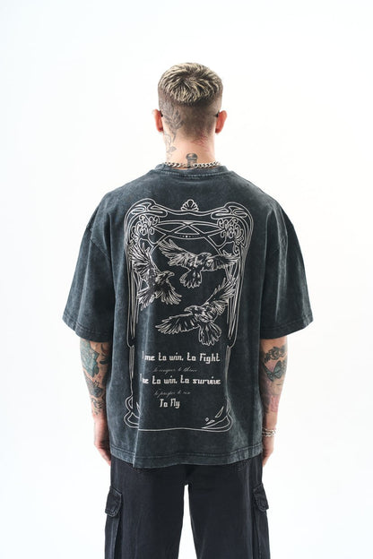 Oversize Cotton Tee - Crows and "To Fly" Graphic Print Withinblack