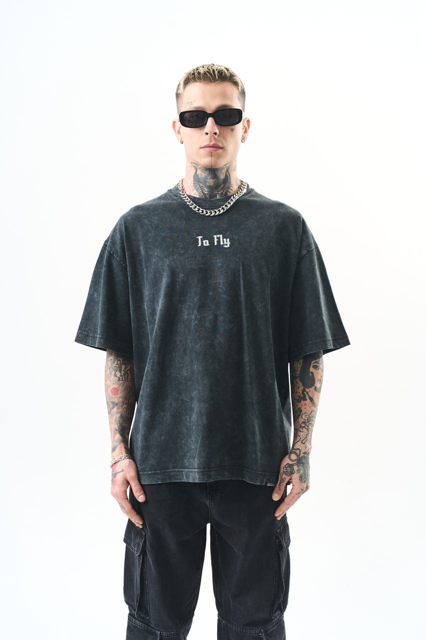 Oversize Cotton Tee - Crows and "To Fly" Graphic Print Withinblack