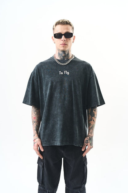 Oversize Cotton Tee - Crows and "To Fly" Graphic Print Withinblack