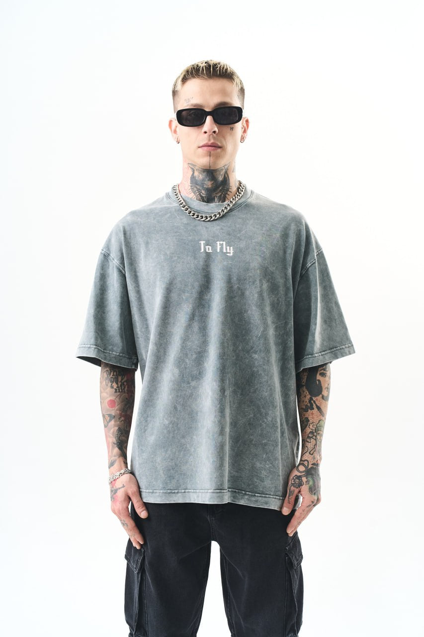 Oversize Cotton Tee - Crows and "To Fly" Graphic Print Withinblack