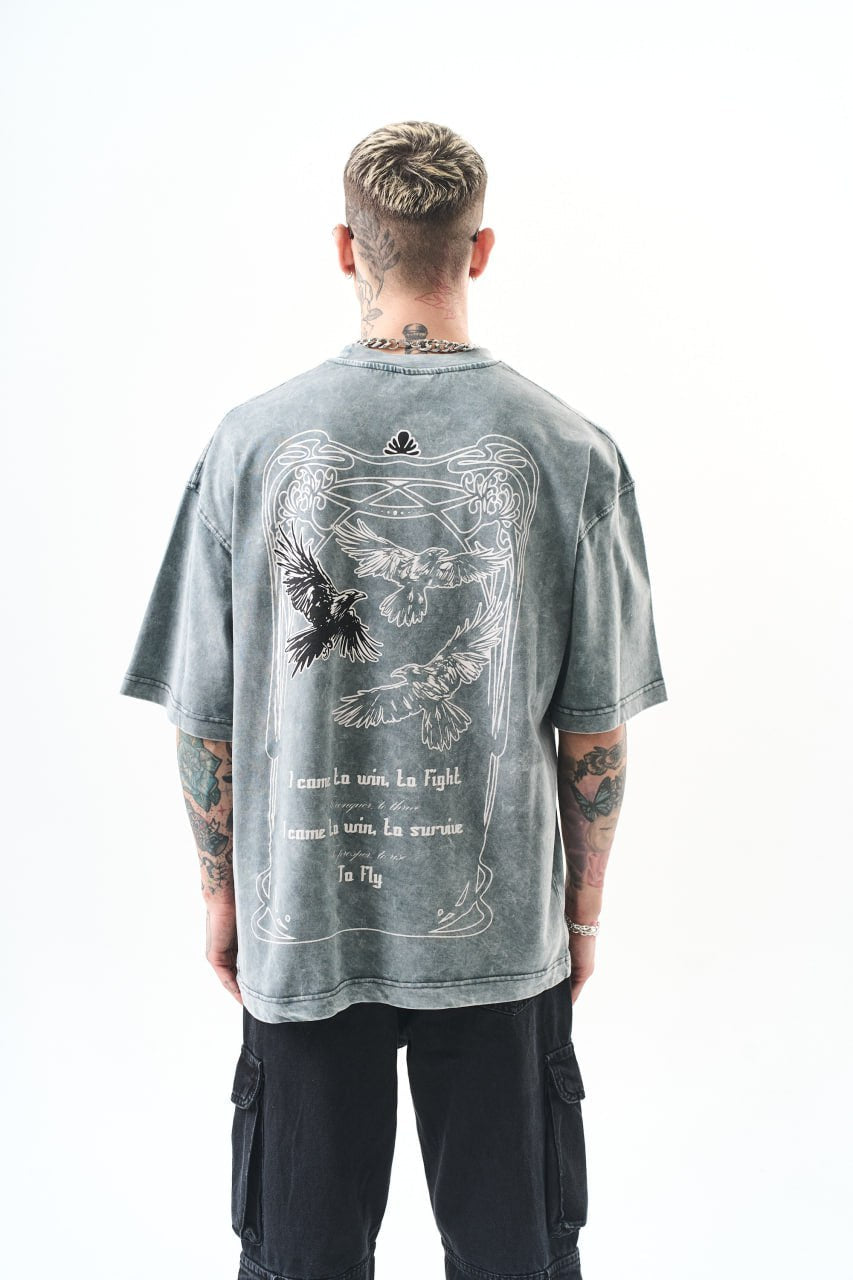 Oversize Cotton Tee - Crows and "To Fly" Graphic Print Withinblack