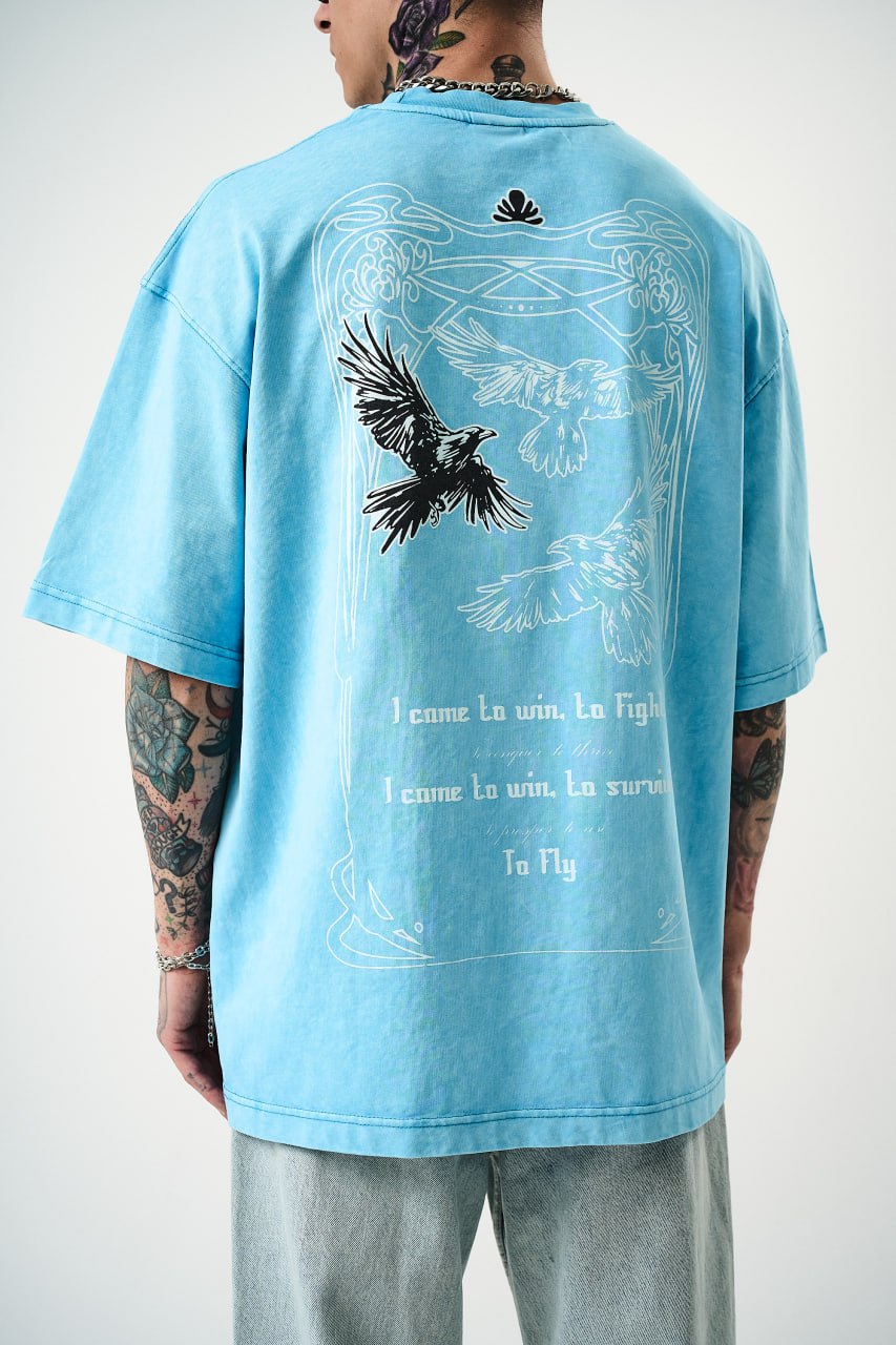 Oversize Cotton Tee - Crows and "To Fly" Graphic Print Withinblack