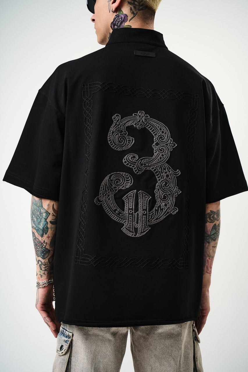 Oversize Cotton Tee - Half-Zip High Neck Chain Graphic Shirt Withinblack