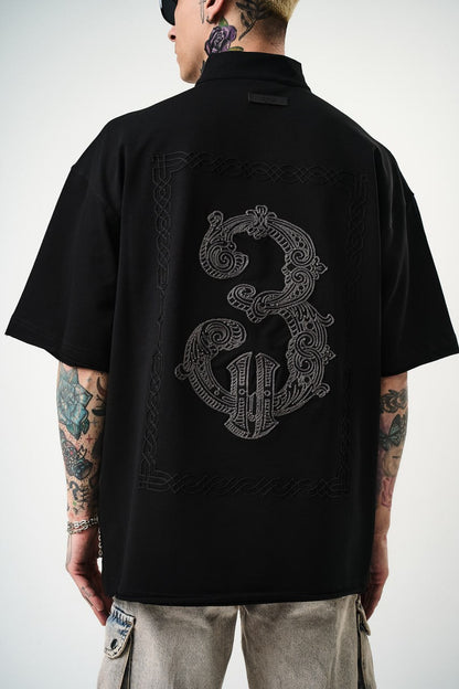 Oversize Cotton Tee - Half-Zip High Neck Chain Graphic Shirt Withinblack
