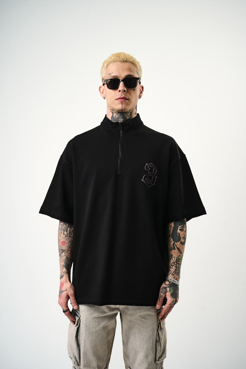 Oversize Cotton Tee - Half-Zip High Neck Chain Graphic Shirt Withinblack