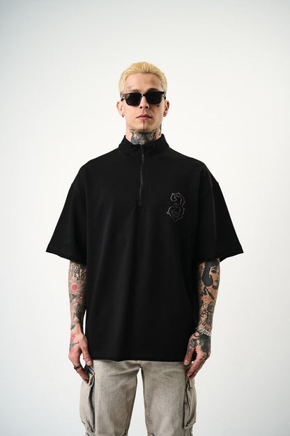 Oversize Cotton Tee - Half-Zip High Neck Chain Graphic Shirt Withinblack