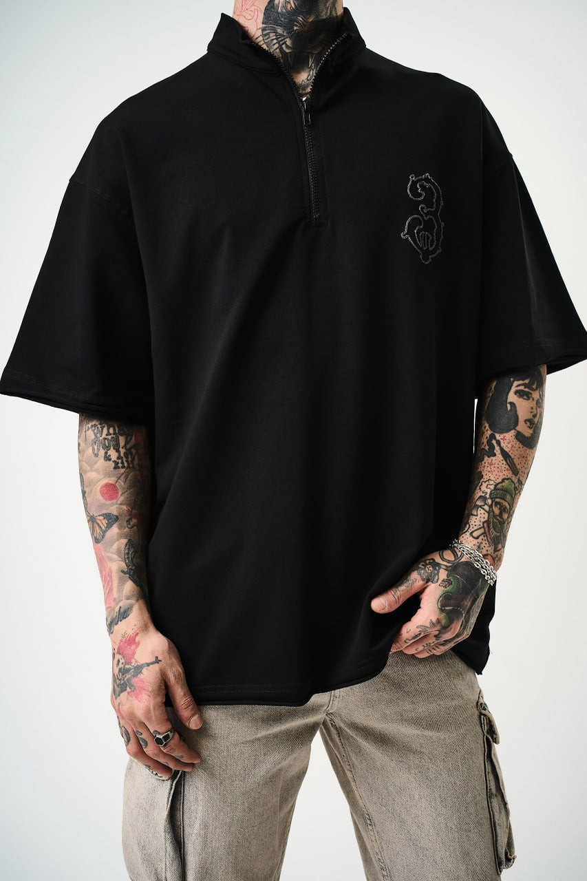 Oversize Cotton Tee - Half-Zip High Neck Chain Graphic Shirt Withinblack