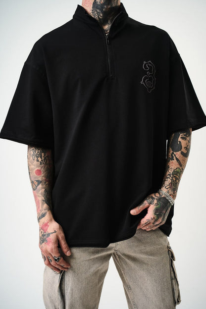 Oversize Cotton Tee - Half-Zip High Neck Chain Graphic Shirt Withinblack