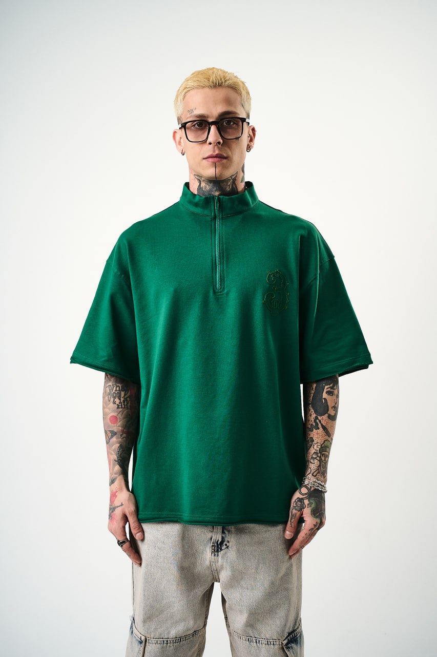 Oversize Cotton Tee - Half-Zip High Neck Chain Graphic Shirt Withinblack