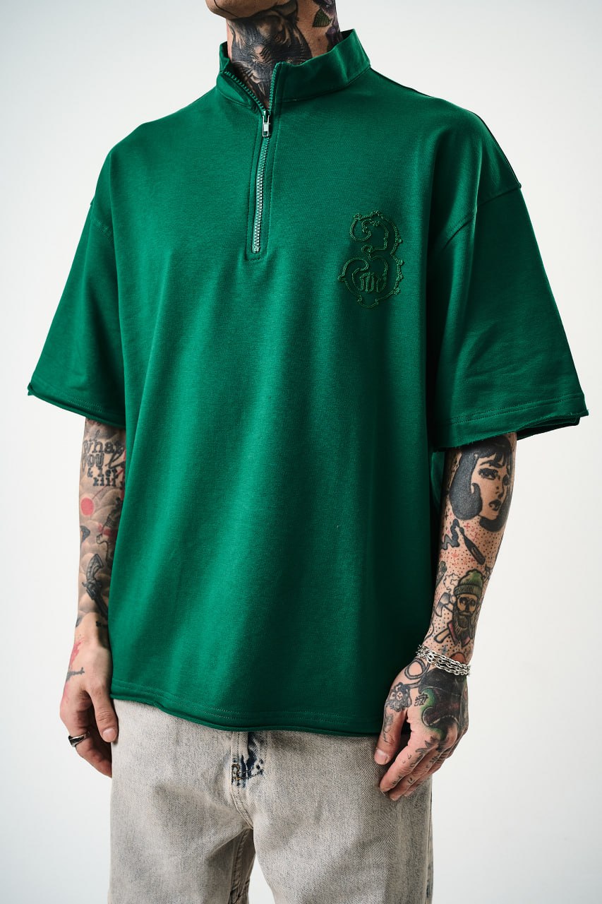 Oversize Cotton Tee - Half-Zip High Neck Chain Graphic Shirt Withinblack