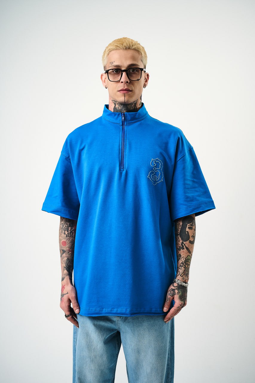 Oversize Cotton Tee - Half-Zip High Neck Chain Graphic Shirt Withinblack