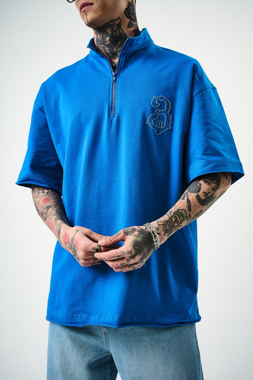 Oversize Cotton Tee - Half-Zip High Neck Chain Graphic Shirt Withinblack