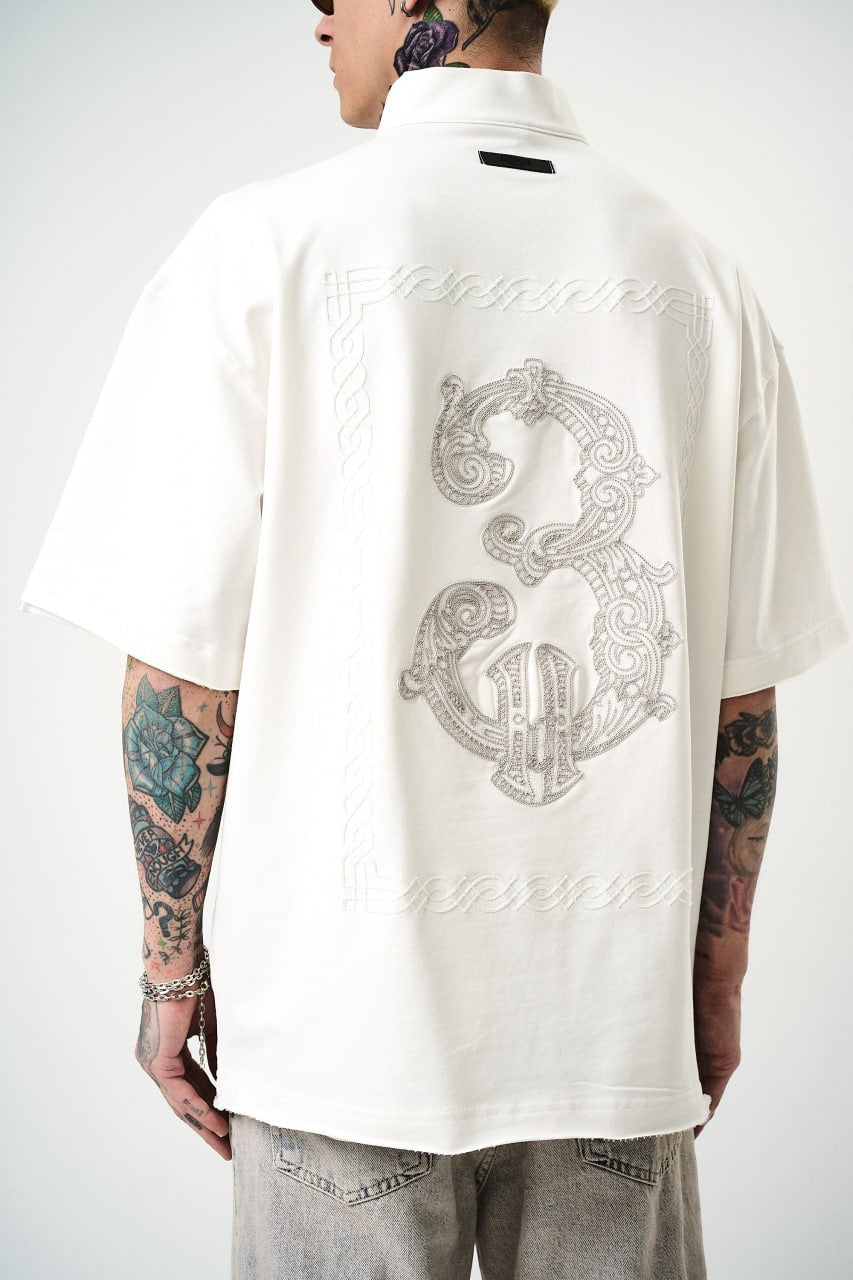Oversize Cotton Tee - Half-Zip High Neck Chain Graphic Shirt Withinblack