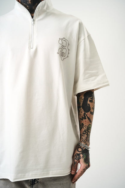 Oversize Cotton Tee - Half-Zip High Neck Chain Graphic Shirt Withinblack