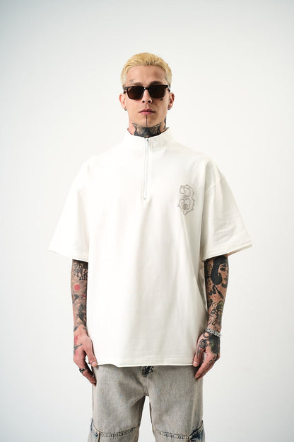 Oversize Cotton Tee - Half-Zip High Neck Chain Graphic Shirt Withinblack