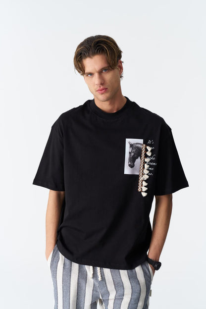 Horse Tassel Graphic Oversize Cotton Tee Withinblack