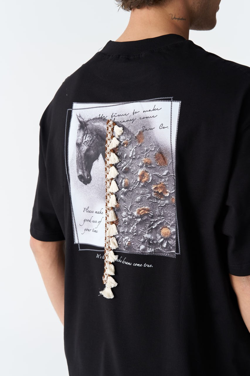 Horse Tassel Graphic Oversize Cotton Tee Withinblack