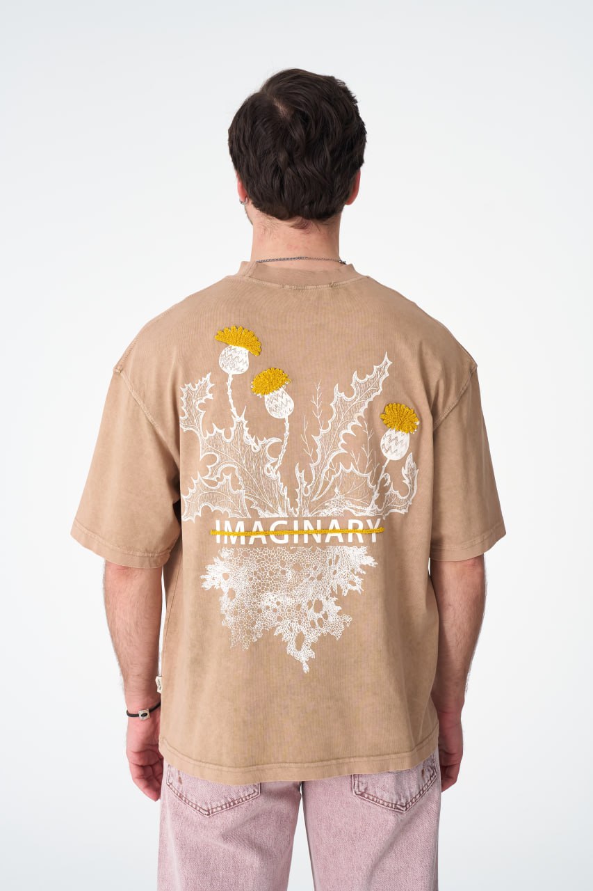 Oversize Cotton Tee - "IMAGINARY" Plant Graphic Print with Embroidery Withinblack
