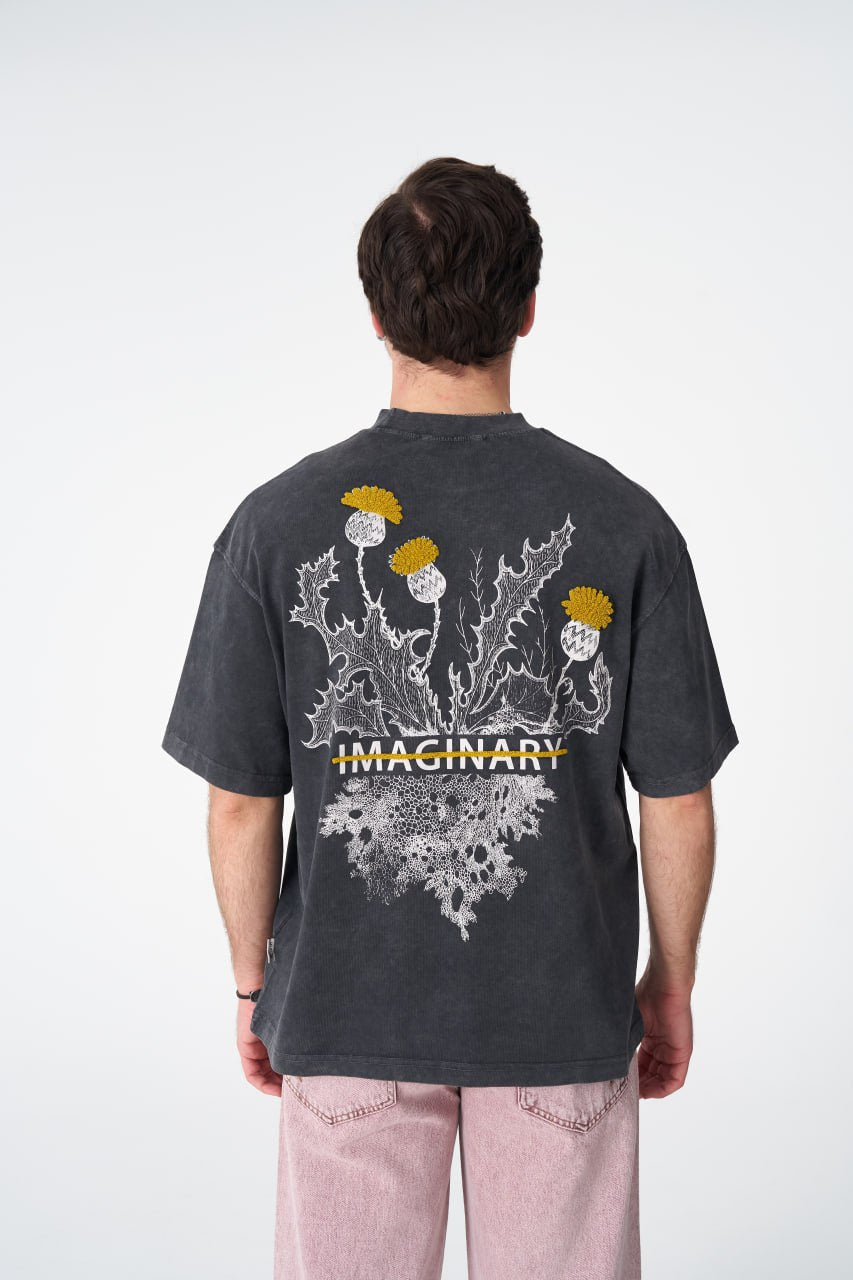 Oversize Cotton Tee - "IMAGINARY" Plant Graphic Print with Embroidery Withinblack