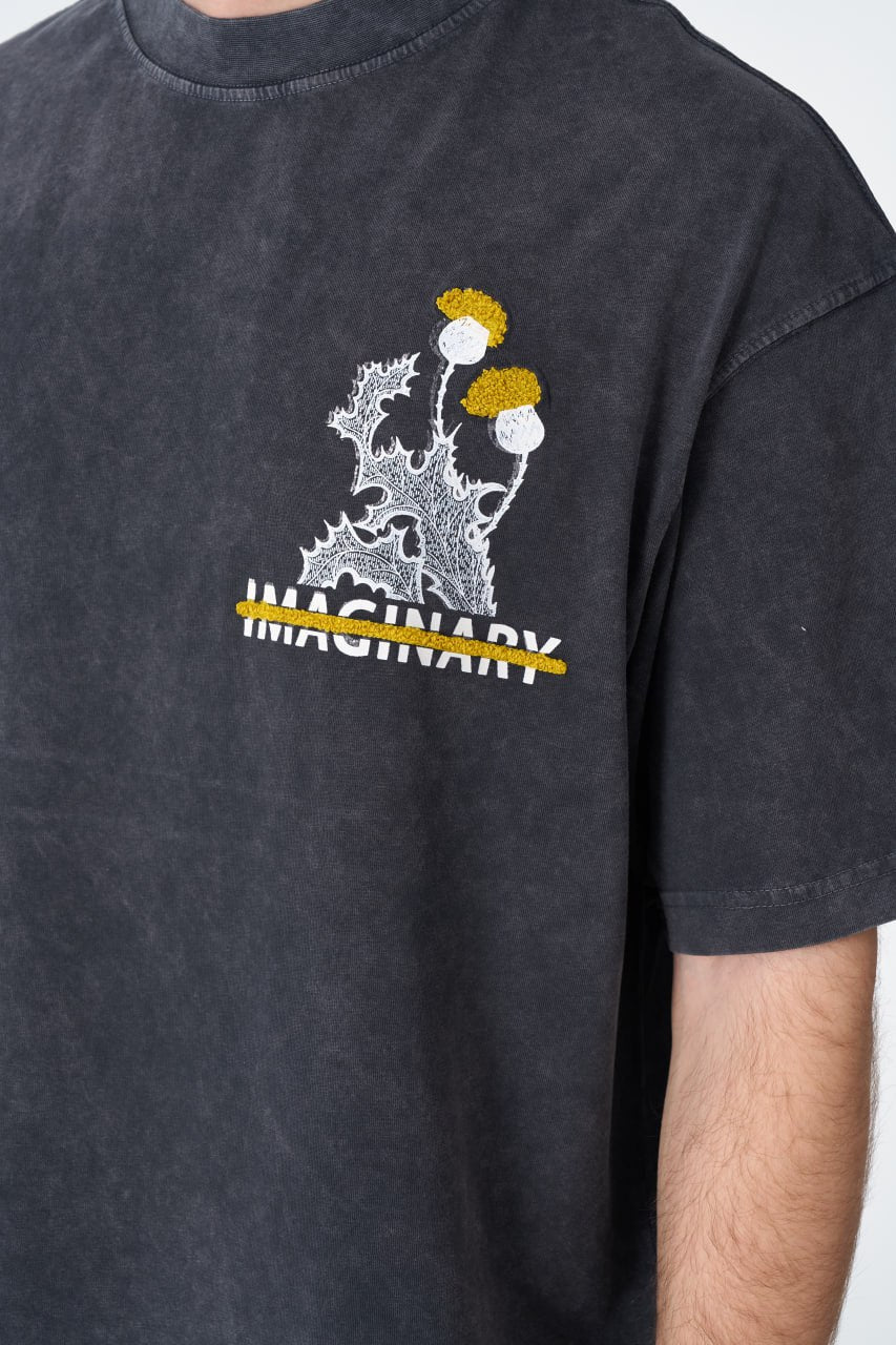 Oversize Cotton Tee - "IMAGINARY" Plant Graphic Print with Embroidery Withinblack