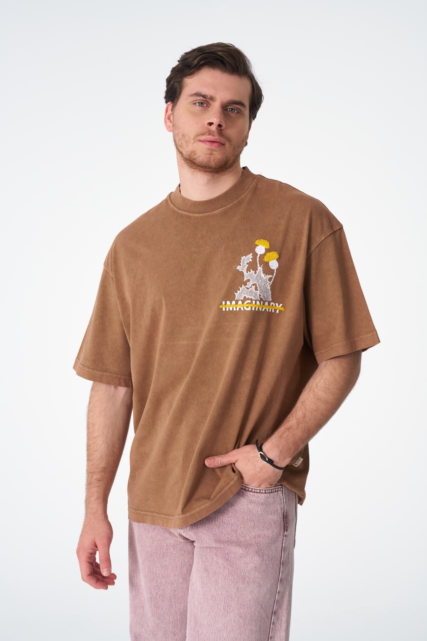 Oversize Cotton Tee - "IMAGINARY" Plant Graphic Print with Embroidery Withinblack