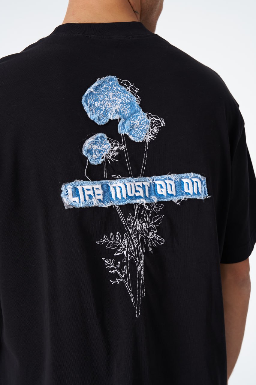 Oversize Cotton Tee - "Life Must Go On" Patch & Plant Graphic Withinblack